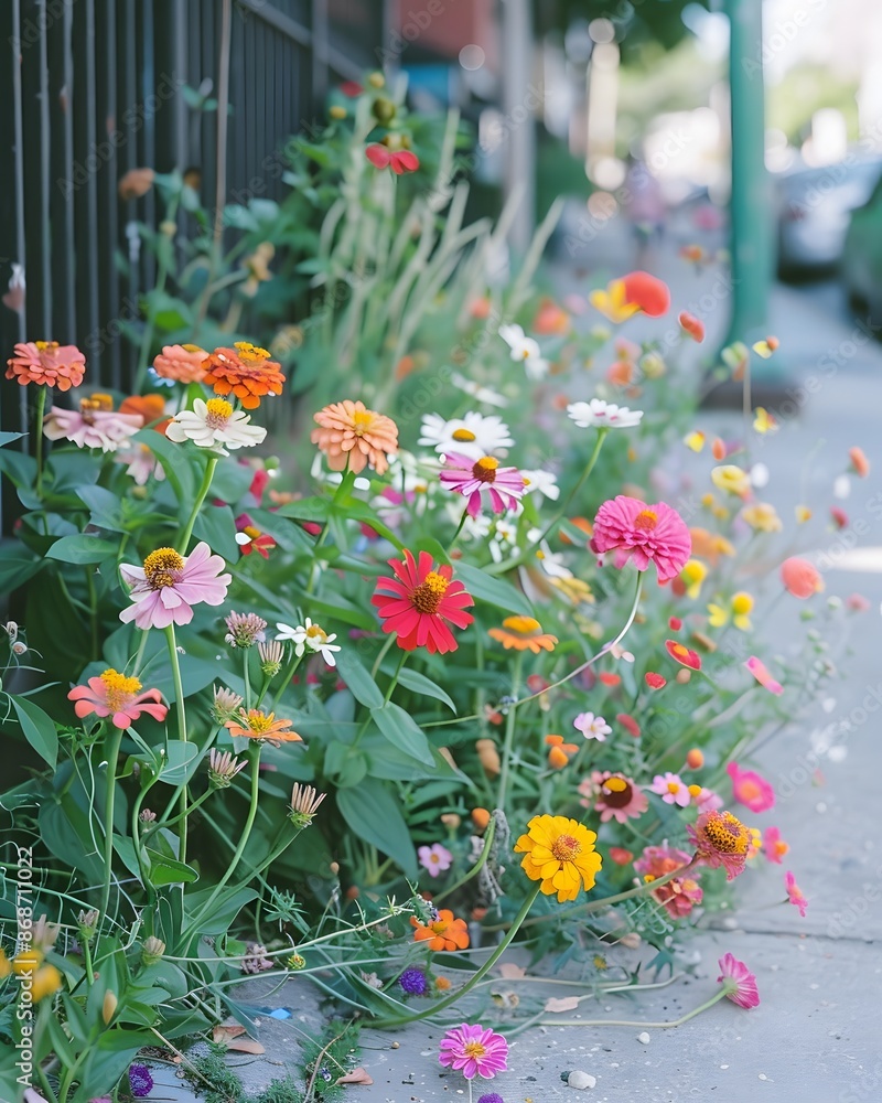 Naklejka premium Colorful Flowers Bloom Along Urban Sidewalk