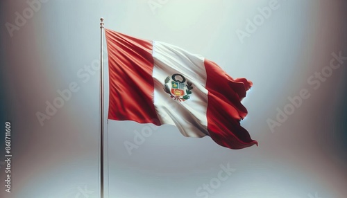 Peruvian flag waving on flagpole with light background realistic