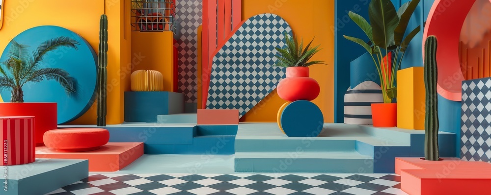 Bold geometric pattern podium display with dynamic shapes and contemporary style., Bold geometric pattern podium display with dynamic shapes and contemporary style.,