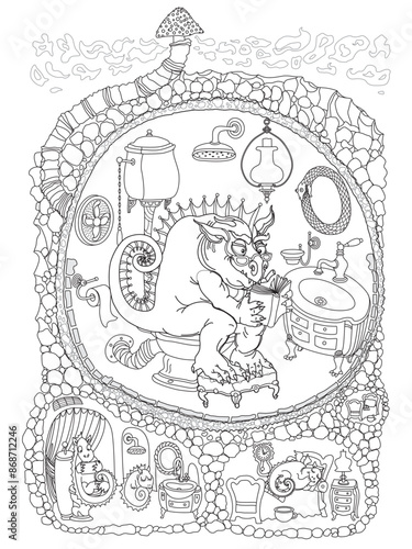 Fairy tale bathroom in the underground Dragon apartment cave.Vector thin line illustration for coloring book
