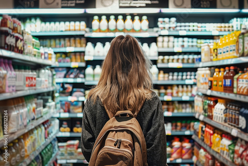Wallpaper Mural A woman with a brown backpack is shopping in a grocery store Torontodigital.ca