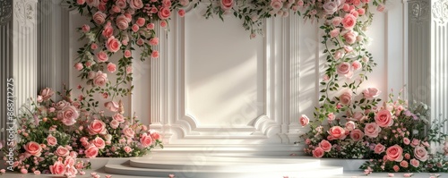 Charming podium display with rose flowers, captivating background, and elegant details., © prabhada