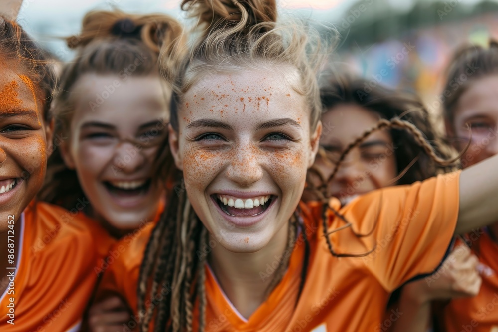 Group of young teenage female soccer players celebrating victory, Generative AI Group of young teenage female soccer players celebrating victory, Generative AI