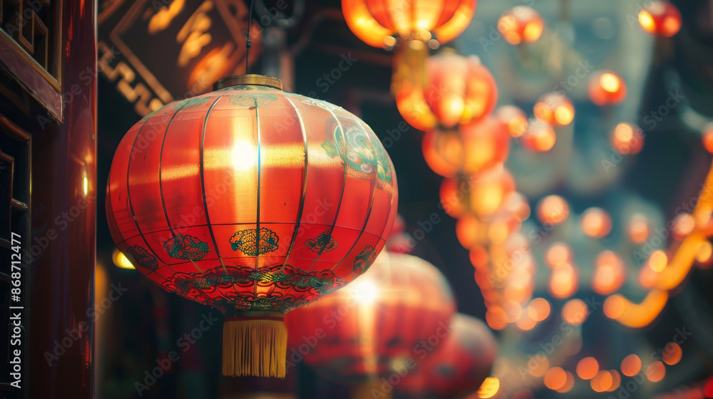 A row of red lanterns hanging from a building A row of red lanterns hanging from a building
