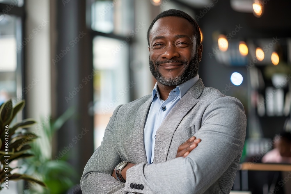 Smiling black executive posing with his arms crossed at the office looking at the camera, Generative AI Smiling black executive posing with his arms crossed at the office looking at the camera, Generative AI