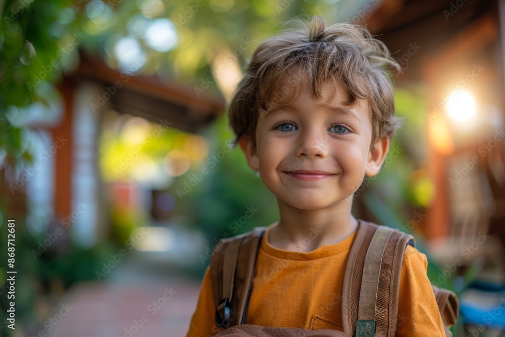 Happy and smiling little boy carrying a backpack going back to school, Generative AI Happy and smiling little boy carrying a backpack going back to school, Generative AI