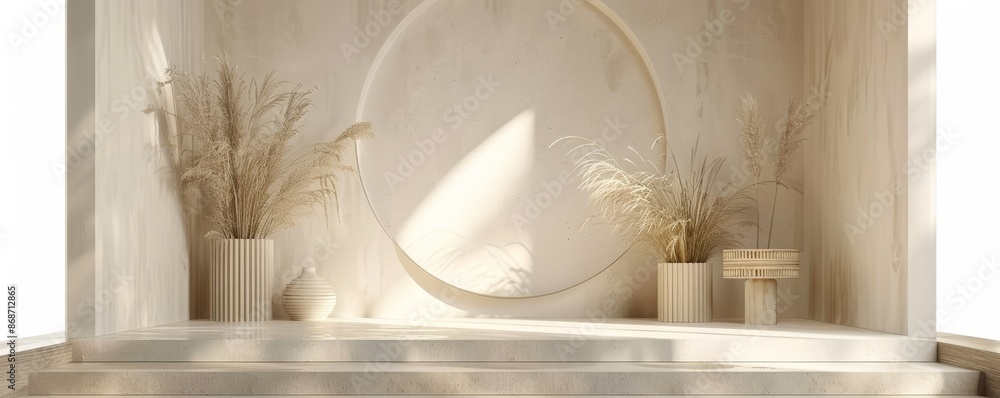 Minimalist podium display with elegant lines, neutral tones, and serene backdrop., Minimalist podium display with elegant lines, neutral tones, and serene backdrop.,