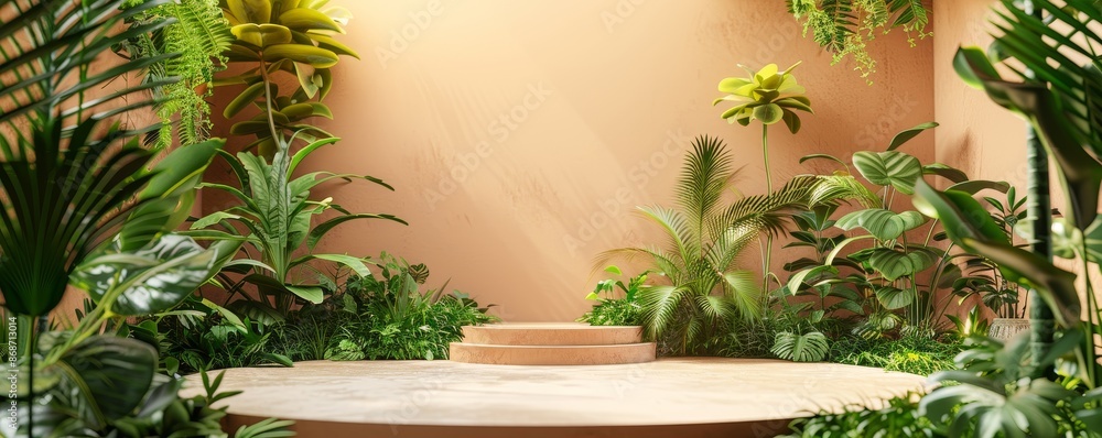 Natureinspired podium background with lush plants, earthy hues, and serene design. Natureinspired podium background with lush plants, earthy hues, and serene design.