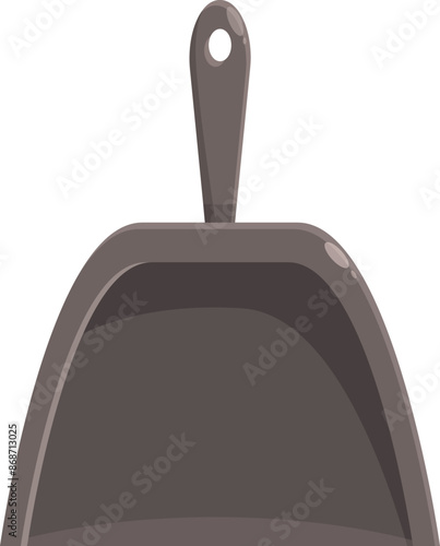Simple gray metal dustpan standing upright with empty space inside ready for cleaning