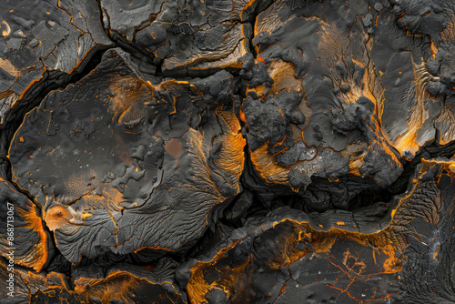 A black and orange rock with a burnt surface