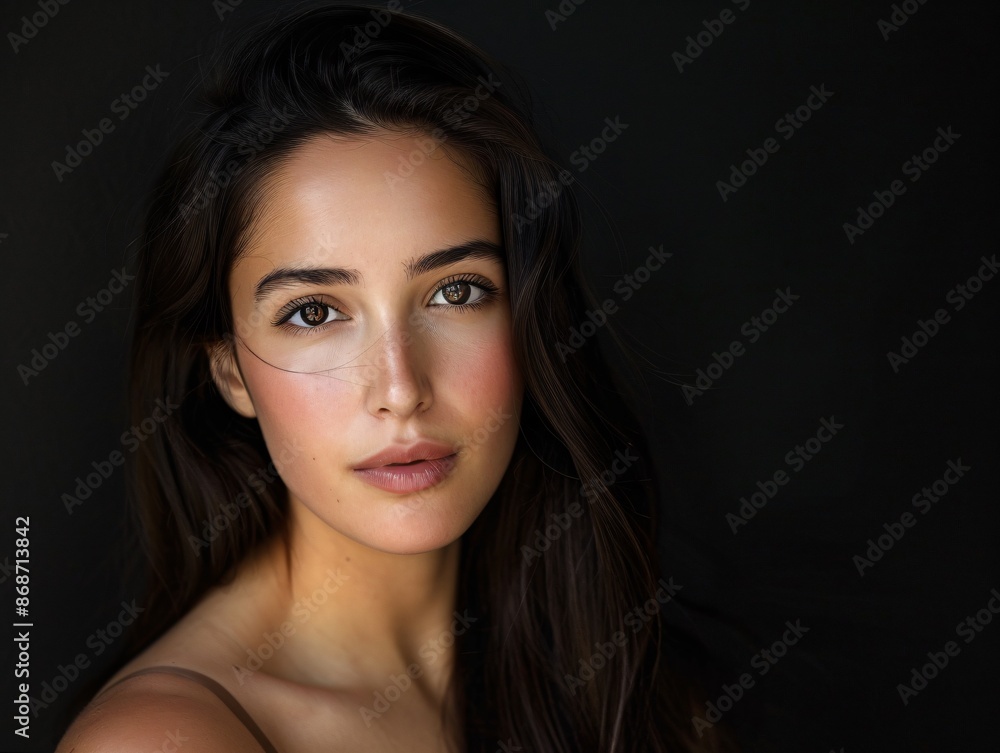 Portrait of an Attractive Woman with Long Dark Hair on Black Background Portrait of an Attractive Woman with Long Dark Hair on Black Background