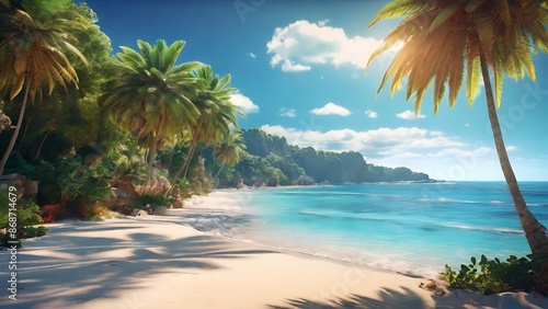 Tropical beach with white sand, palm trees, and crystal clear water. Perfect for summer vacation getaway or relaxation.