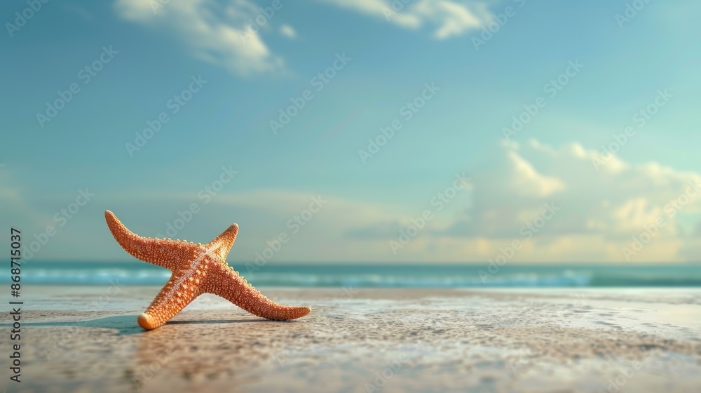 Starfish on Sandy Beach With Blue Sky and Clouds Starfish on Sandy Beach With Blue Sky and Clouds