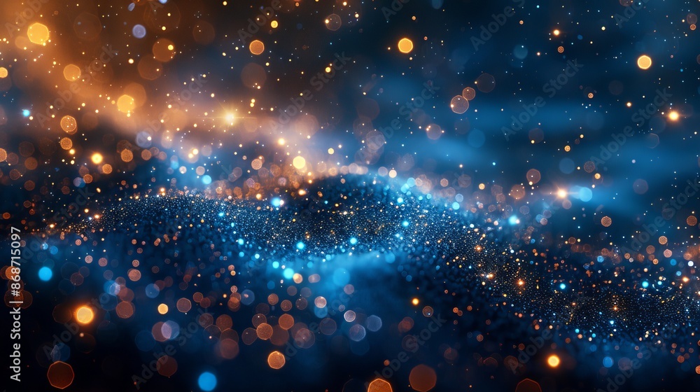 A fabulous abstract gold bokeh glow dances brilliantly on a dark blue textured background, evoking the essence of a magical festive celebration. A fabulous abstract gold bokeh glow dances brilliantly on a dark blue textured background, evoking the essence of a magical festive celebration.