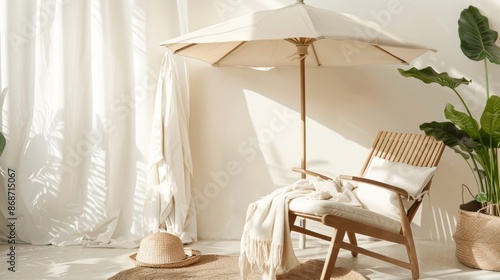 Sunlit Patio With White Curtains and Wooden Lounge Chair © CYBERPINK