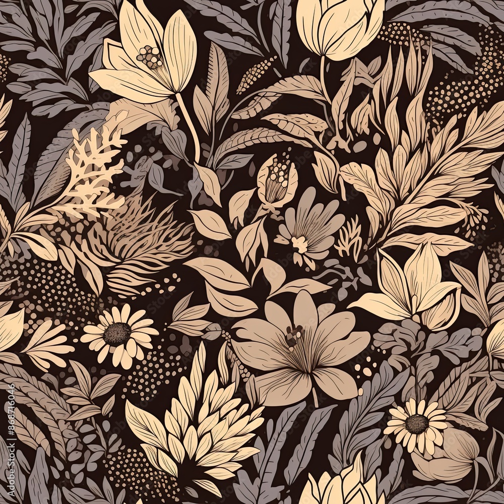 Abstract floral lino cuts of leaves and flowers designed in a random pattern Abstract floral lino cuts of leaves and flowers designed in a random pattern