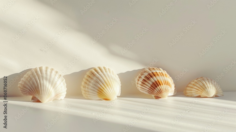 Four Seashells Arranged in a Row on White Surface in Sunlight Four Seashells Arranged in a Row on White Surface in Sunlight