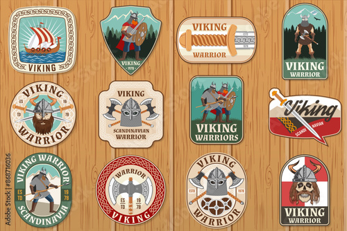 Set of viking warrior logos, badges, stickers. Vector illustration. For emblems, labels and patch. Patch design heraldic shield with a viking in helmet with crossed battle sword and axe