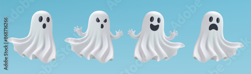 Halloween ghost 3d emoji set. Flying spirit character in white sheets with cute face, smiling or sad. Scary boo sticker render. Fun monster creepy fear. Minimal evil crafted cosplay. Trick or treat