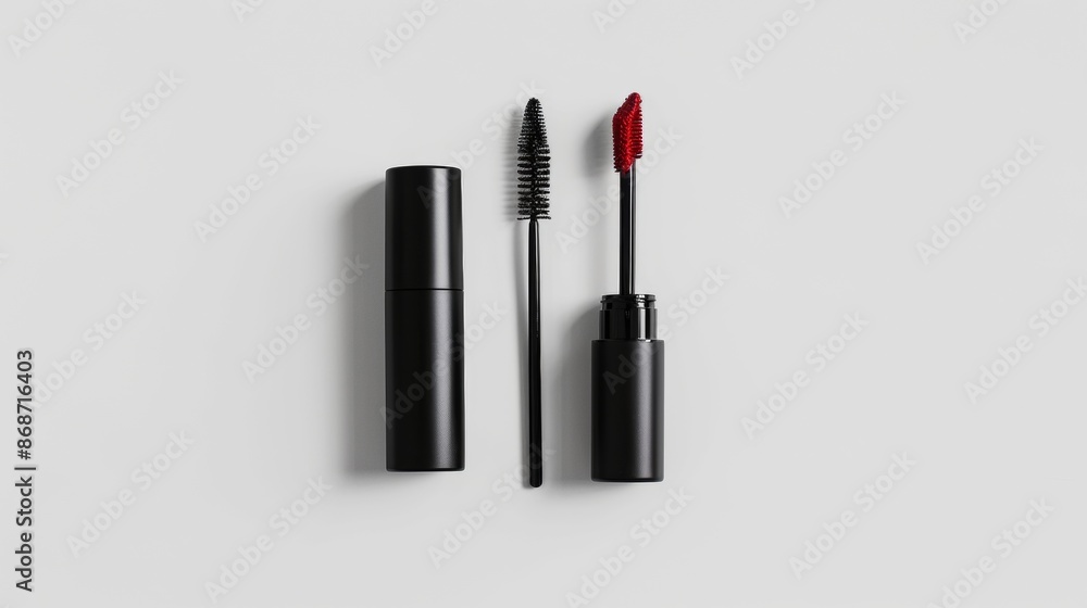 Black Mascara and Red Lip Gloss on White Background Black Mascara and Red Lip Gloss on White Background