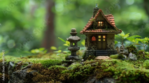 A macro photograph of a miniature green house with moss texture on its surface.