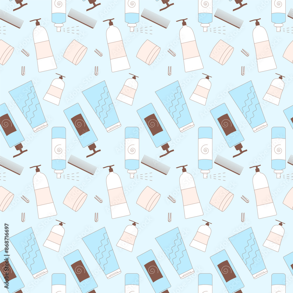 Hair care and styling products seamless pattern. Bottles of gel, comb and clips with shampoo repeat background. Vector outline flat illustration. Hair care and styling products seamless pattern. Bottles of gel, comb and clips with shampoo repeat background. Vector outline flat illustration.