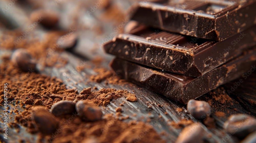 An image that is perfect for culinary or dessert themes, showing a close-up of delicious chocolate bar with cocoa powder on a rustic surface. An image that is perfect for culinary or dessert themes, showing a close-up of delicious chocolate bar with cocoa powder on a rustic surface.