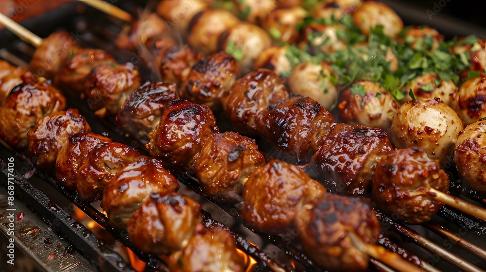Grilled Meat and Mushrooms on Skewers