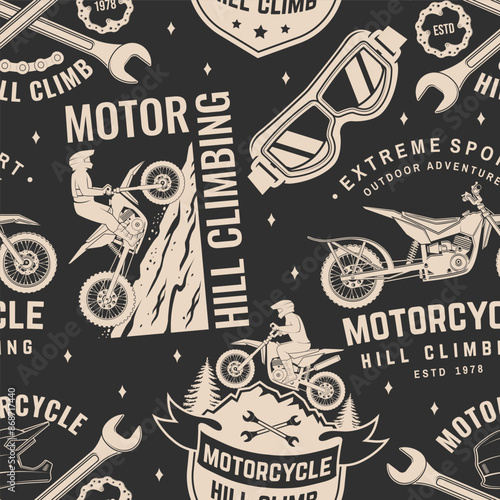 Motorcycle hill climb seamless pattern or background. Vector. Fabric, texture, wallpaper with motorcycle helmet, glasses, bike, mountain and wrenches.