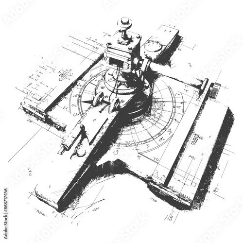 Navigation Instrument Sketch: Bearing Compass with Angular Scale on Blueprint.