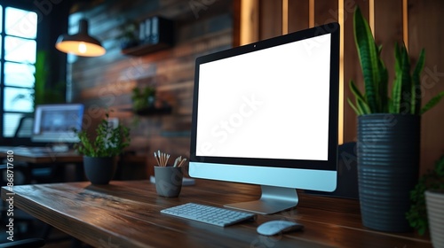 Mockup of modern monitor in dimly lit cafe, AI-generative