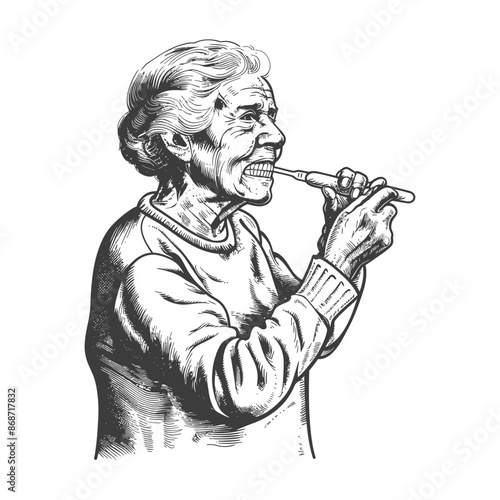 Elderly Woman Brushing Teeth, Vintage Sketch, Dental Hygiene, Isolated on White.