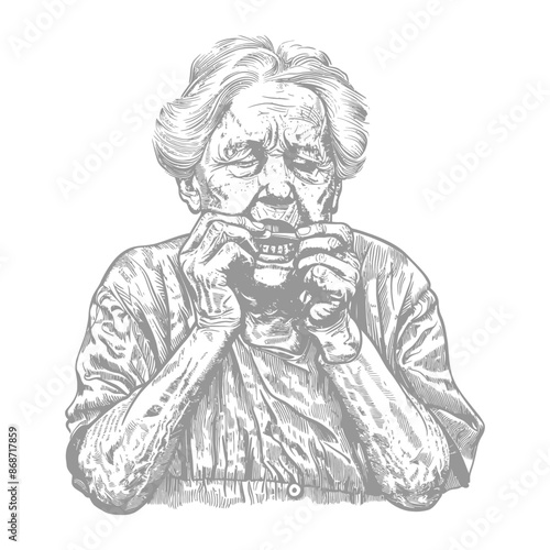 Elderly Woman Fitting Dentures, Graphite Drawing, Dignity in Aging.
