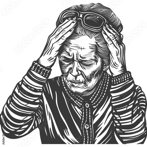 Etched Wrinkles: Elderly Woman's Headache, Aviator Glasses, Woodcut Style Distress