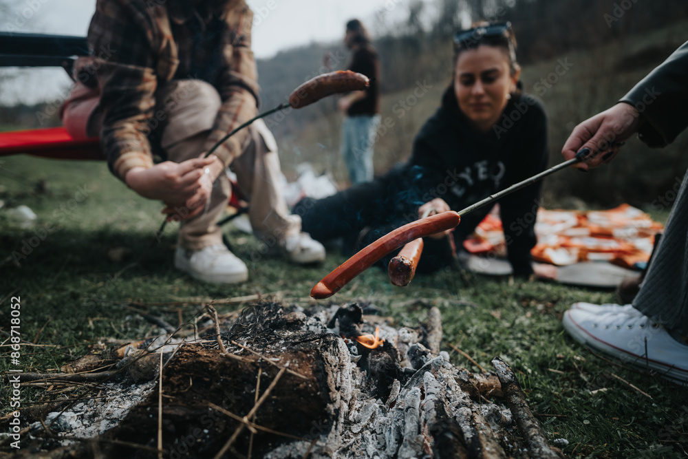 Obraz premium Group of friends cooking sausages on sticks over a smoky campfire in a natural setting, depicting leisure and outdoor relaxation.