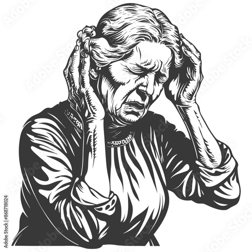 Etched Anguish: Elderly Woman's Headache, Hands to Temples, Black and White Illustration.