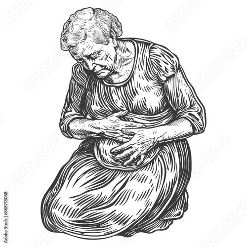 Engraving: Elderly Woman Kneeling, Head Bowed, Holding Stomach in Distress.
