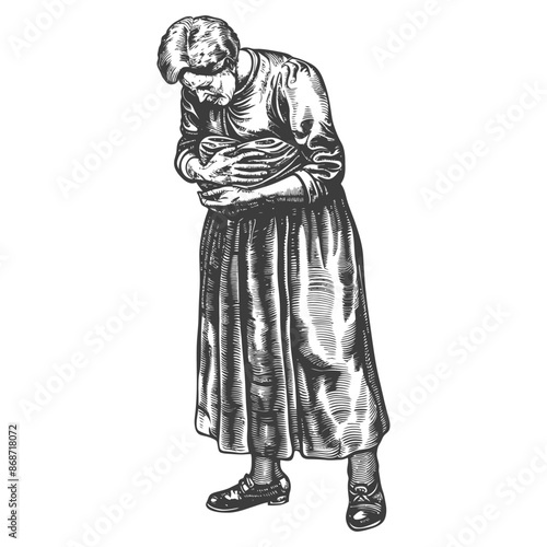 Old Woman Clutching a Bundle, Downcast in Engraving Style.