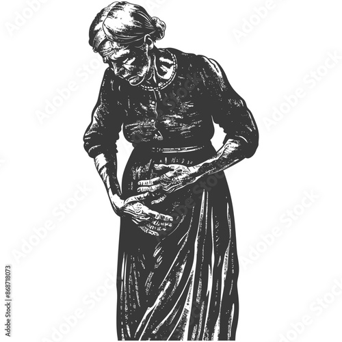 Aged Woman Crouching, Holding Abdomen, Distressed Expression, Vintage Engraving Style, Isolated.