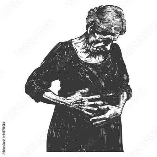 Distressed Old Woman: Monochromatic Woodcut Illustration, Hands on Stomach, Aching.