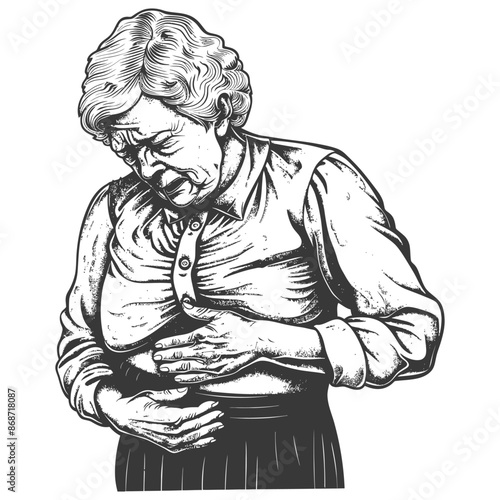 Etched Elderly Woman: Stomach Pain, Hand on Abdomen, Anguished Expression.