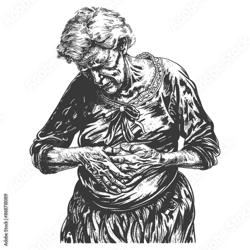 Worried Elder Woman: Vintage Pen & Ink Drawing of a Senior Lady Clutching Hands, Head Bowed.