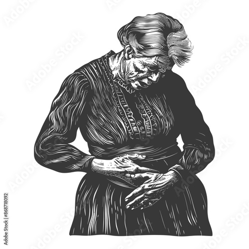 Woodcut Grandmother: Aching Stomach, Downtrodden, Vintage Style Illustration