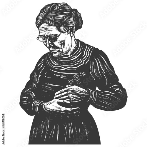 Elderly Woman with Flowers, Etched Illustration, Memory, Grief, and Reflection.