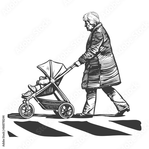 Ink Sketch: Grandmother Pushing Stroller on Zebra Crossing.