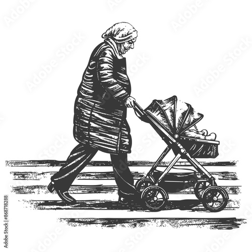 Grandmother's Stroll: Woodcut Style Illustration of Elderly Woman Pushing Pram on Striped Ground