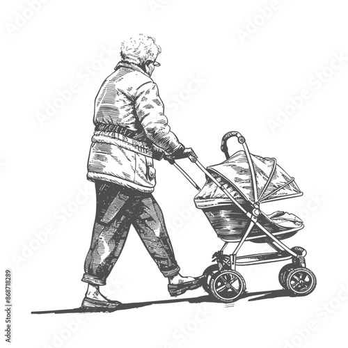 Sketch of an Elderly Woman Pushing a Baby Stroller, Monochrome Illustration.