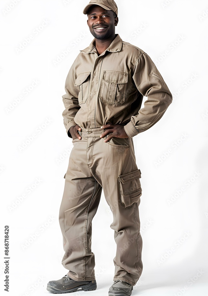 Studio portrait of a smiling African man wearing a brown workwear jumpsuit Studio portrait of a smiling African man wearing a brown workwear jumpsuit