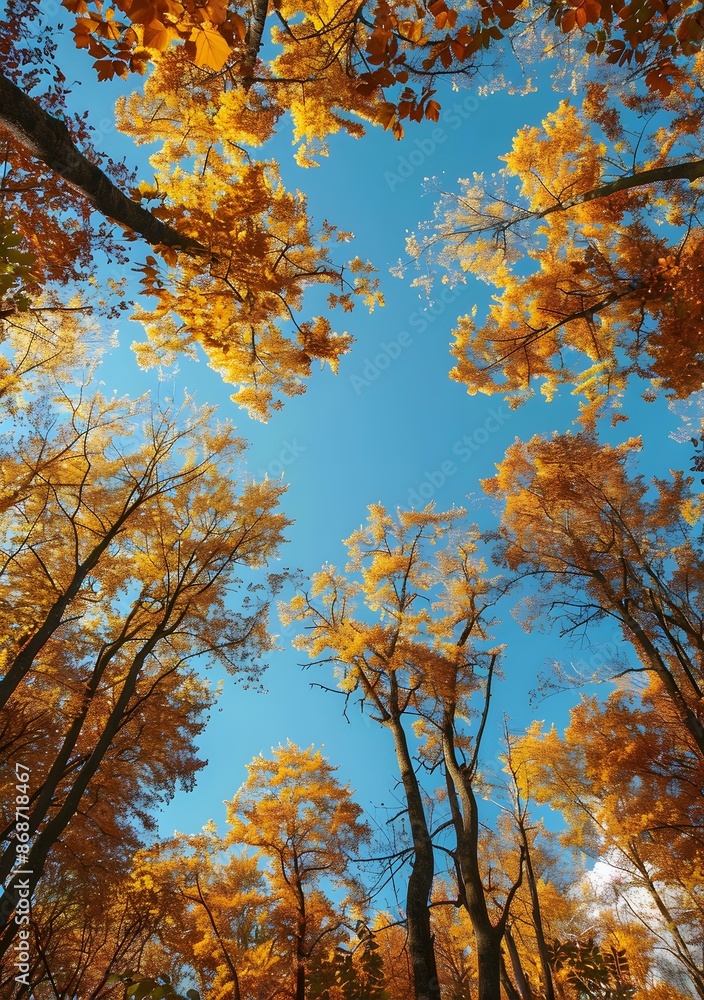 Looking up at the autumn sky through golden leaves Looking up at the autumn sky through golden leaves