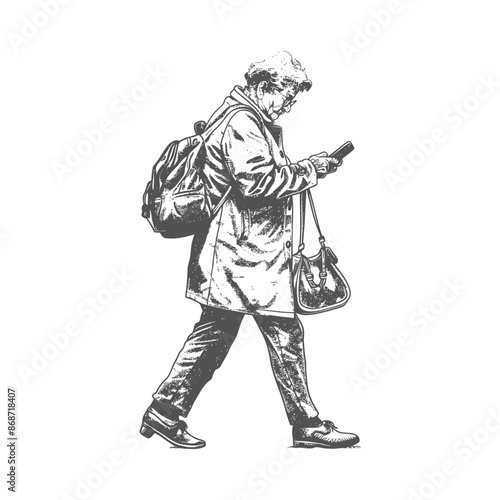 Wallpaper Mural Woman on Street, Line Art: Elderly, Smartphone, Shoulder Bag, Walking. Torontodigital.ca
